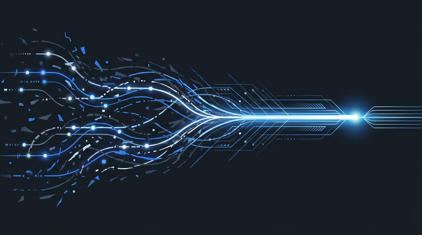 Fragmented data streams reassembled into clean signal pathways, representing conversion tracking accuracy and campaign data integrity in Google Ads.